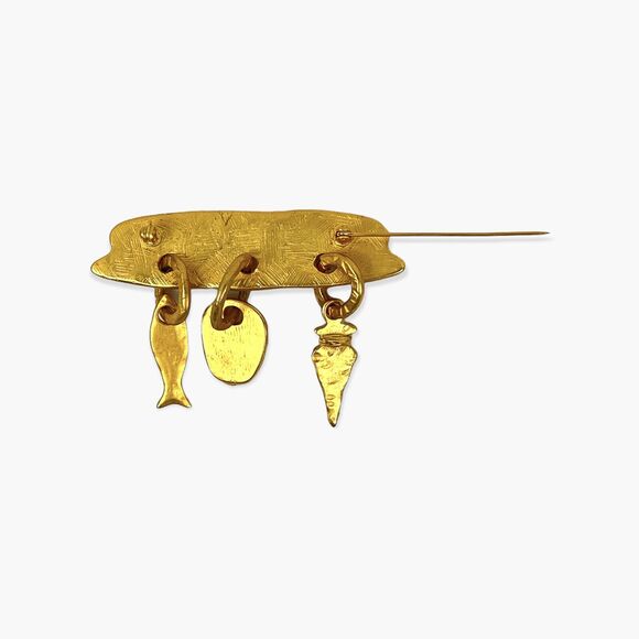 Bar Pin Brooch Gold Tone Dangle Charm Spear Head Mummy Mask Fish Textured Inset - Picture 5 of 8